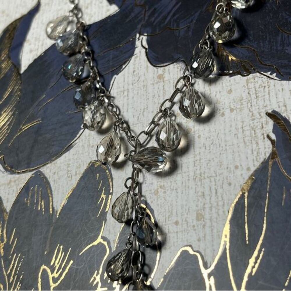 Estate Long Silver Chain and Gray Faceted Teardrop Crystal Necklace Pretty D1